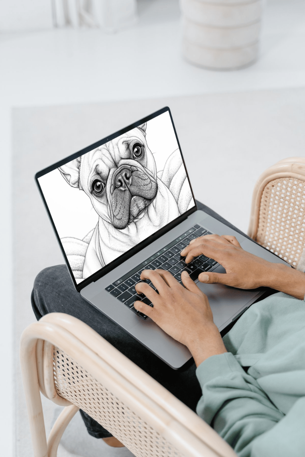 Frenchie Summer Days grayscale coloring pages digital download, French Bulldog illustration on laptop screen, printable PDF for tablets and paper