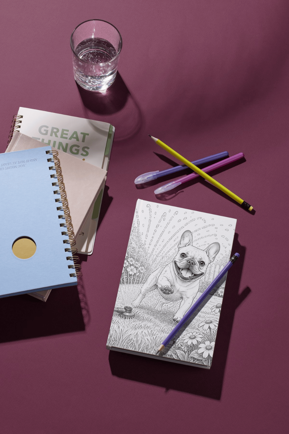 Frenchie Summer Days grayscale coloring page mockup, French Bulldog in sprinkler illustration, printable PDF coloring pages for adults
