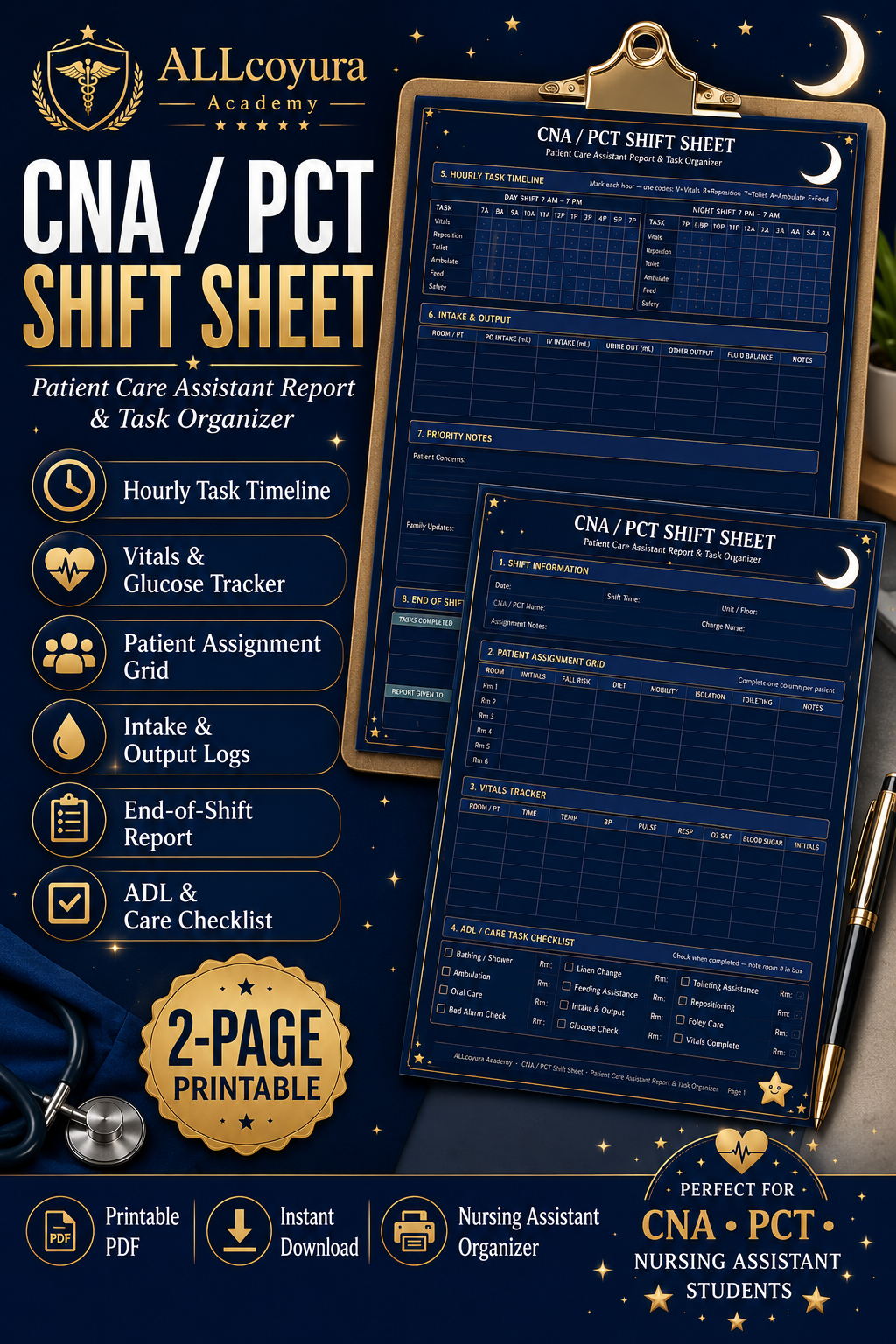 CNA/PCT Shift Sheet | Patient Care Assistant Report & Task Organizer | 2-Page Printable Nursing Worksheet