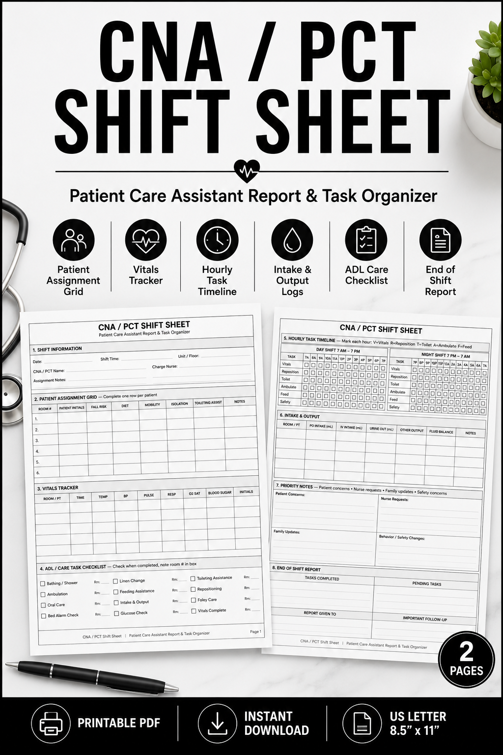 CNA/PCT Shift Sheet | Black and White Patient Care Assistant Report | 2-Page Printable Task Organizer
