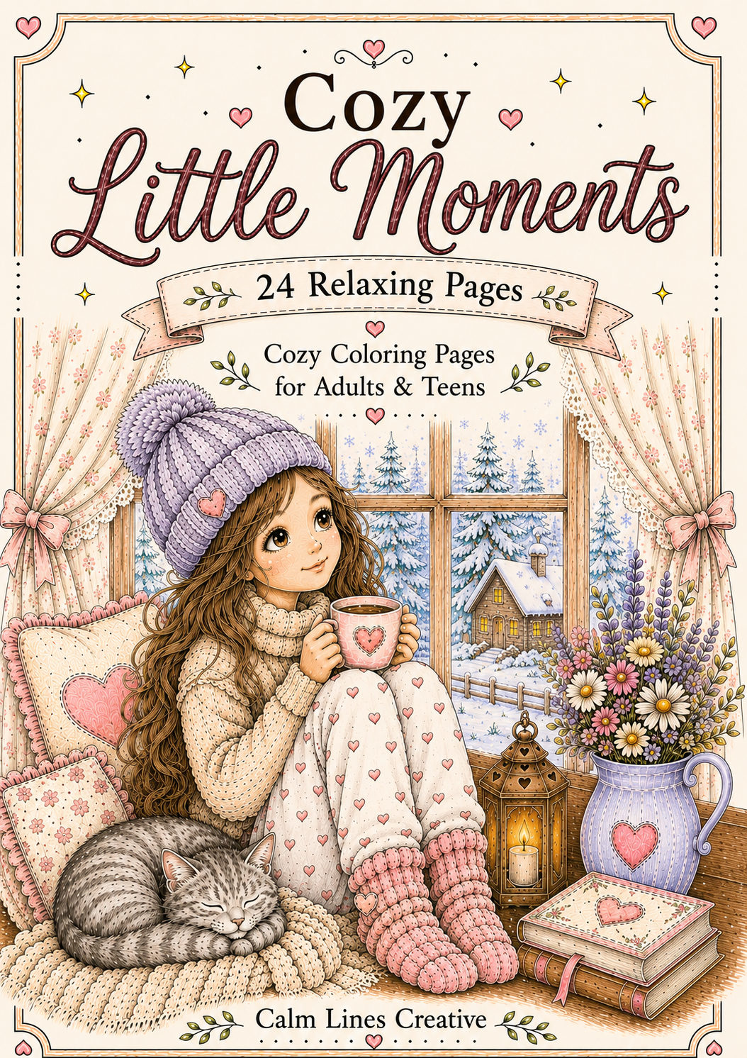 Close-up of the Cozy Little Moments coloring book cover featuring a cozy girl, sleeping cat and cottagecore illustration