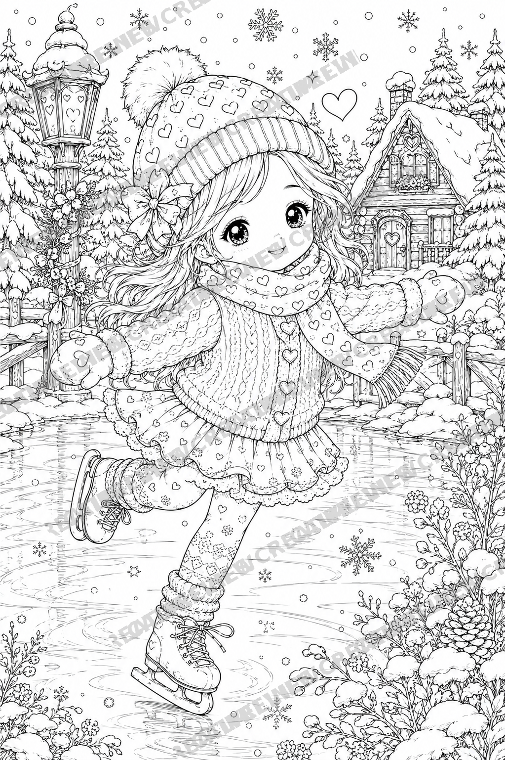 Cute kawaii winter coloring page from Cozy Little Moments featuring a girl ice skating in a snowy cottagecore landscape