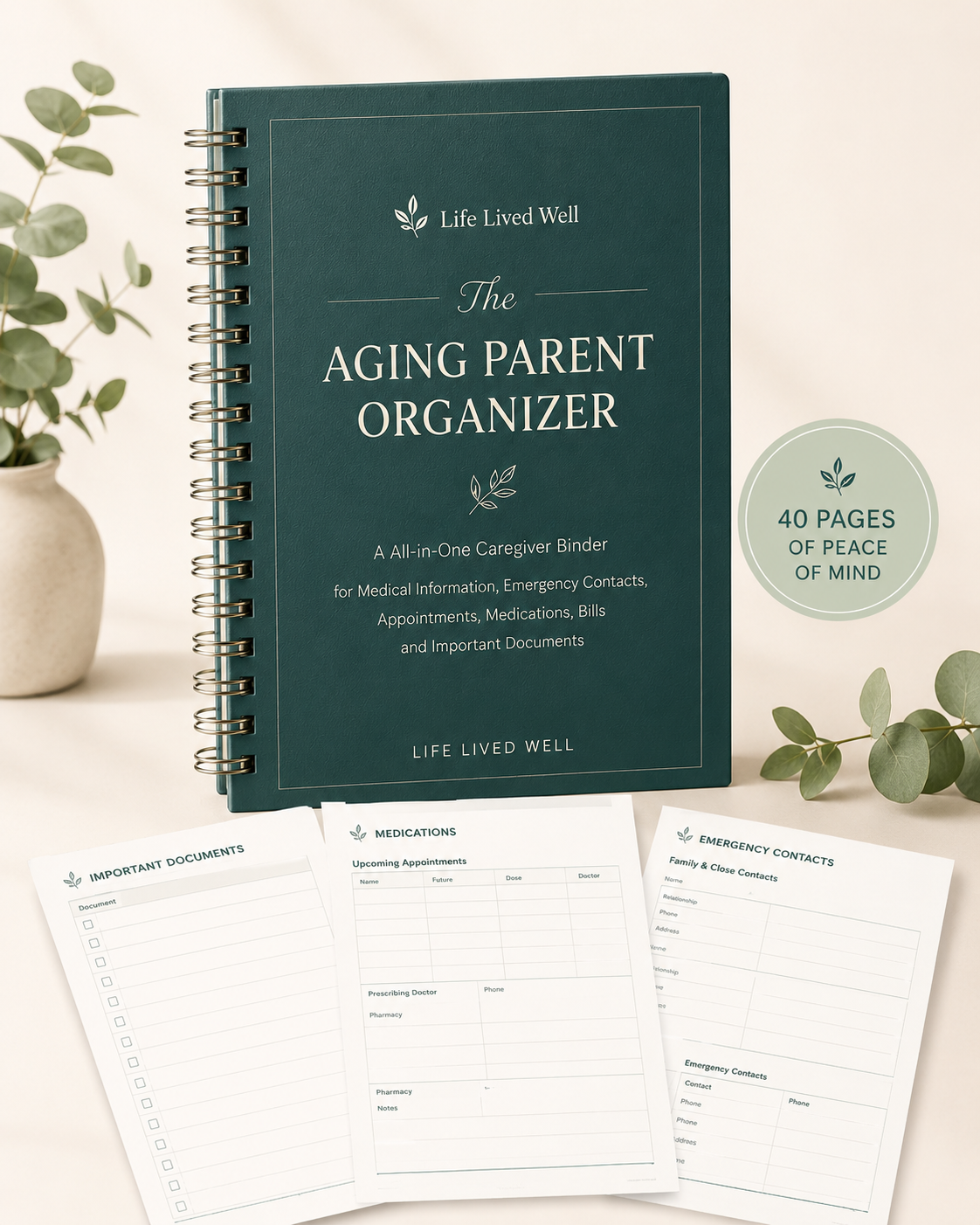 The Aging Parent Organizer printable and fillable caregiver binder with sample pages for medications, emergency contacts, appointments, bills, and important documents.