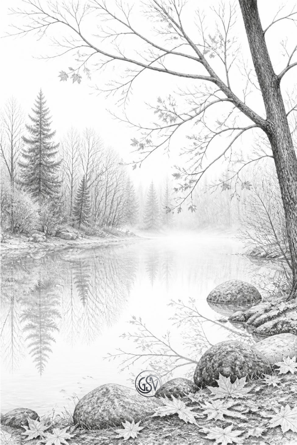 Grayscale coloring page of a misty forest lake reflecting bare autumn trees, with mossy rocks along the shore