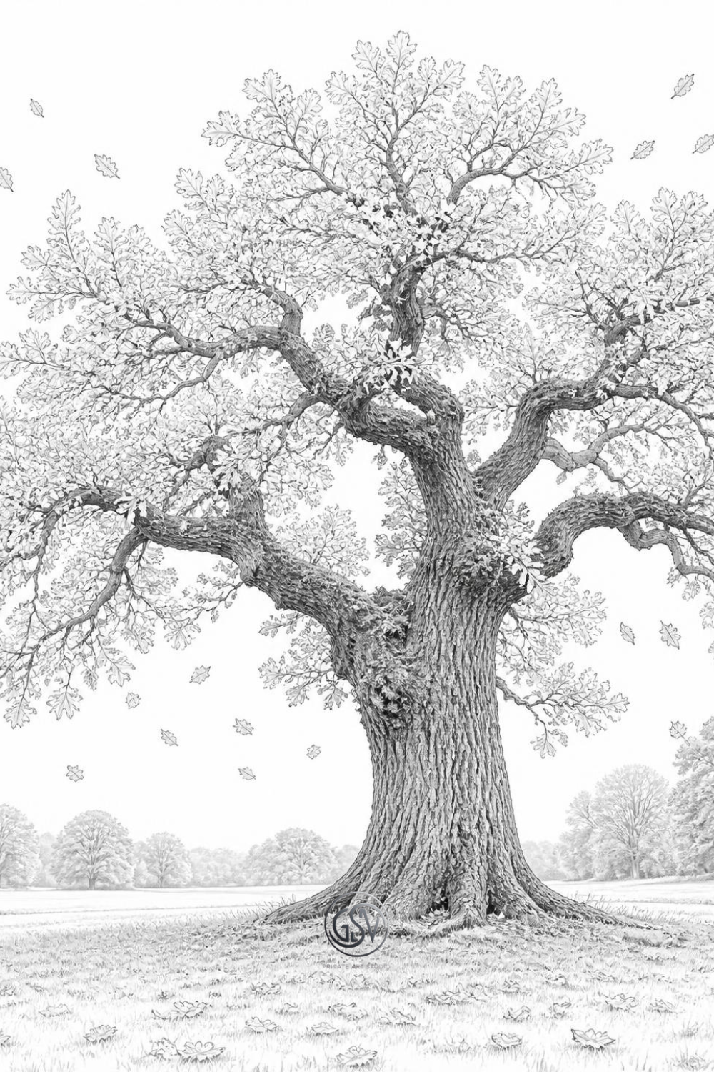 Grayscale coloring page of a large solitary oak tree in an open field, autumn leaves falling around it