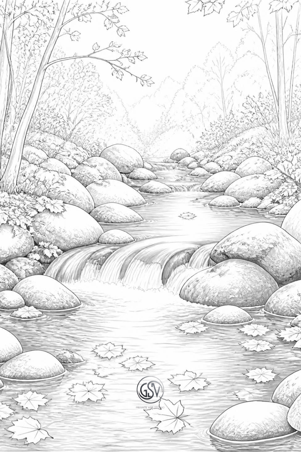 Grayscale coloring page of a forest stream flowing over smooth rocks, autumn leaves floating on the water