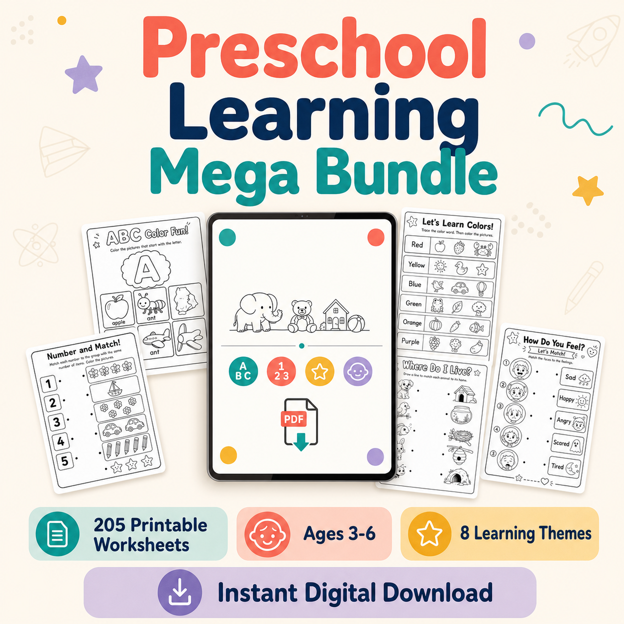 Complete Preschool Learning Bundle – 205 Printable Worksheets for Ages 3–6