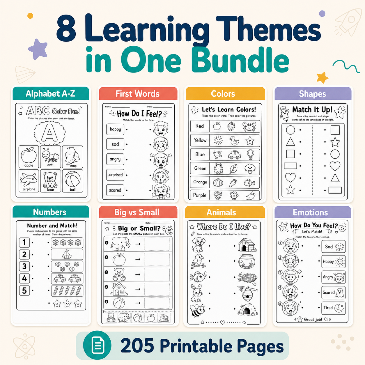 Complete Preschool Learning Bundle – 205 Printable Worksheets for Ages 3–6