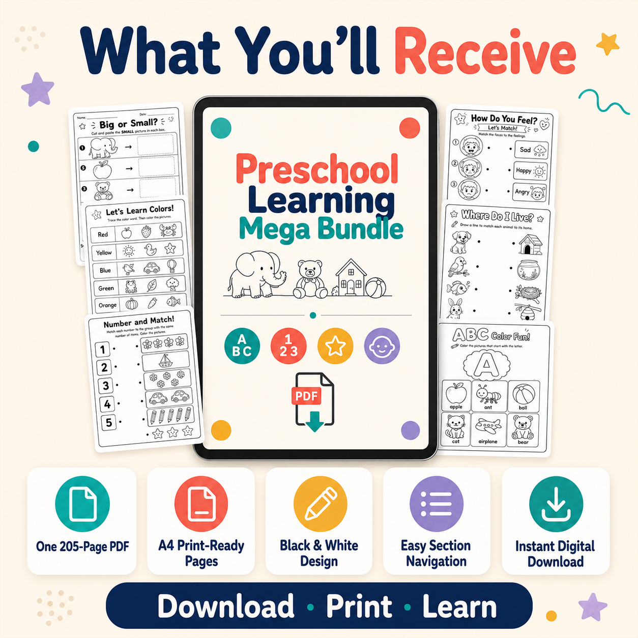 Complete Preschool Learning Bundle – 205 Printable Worksheets for Ages 3–6