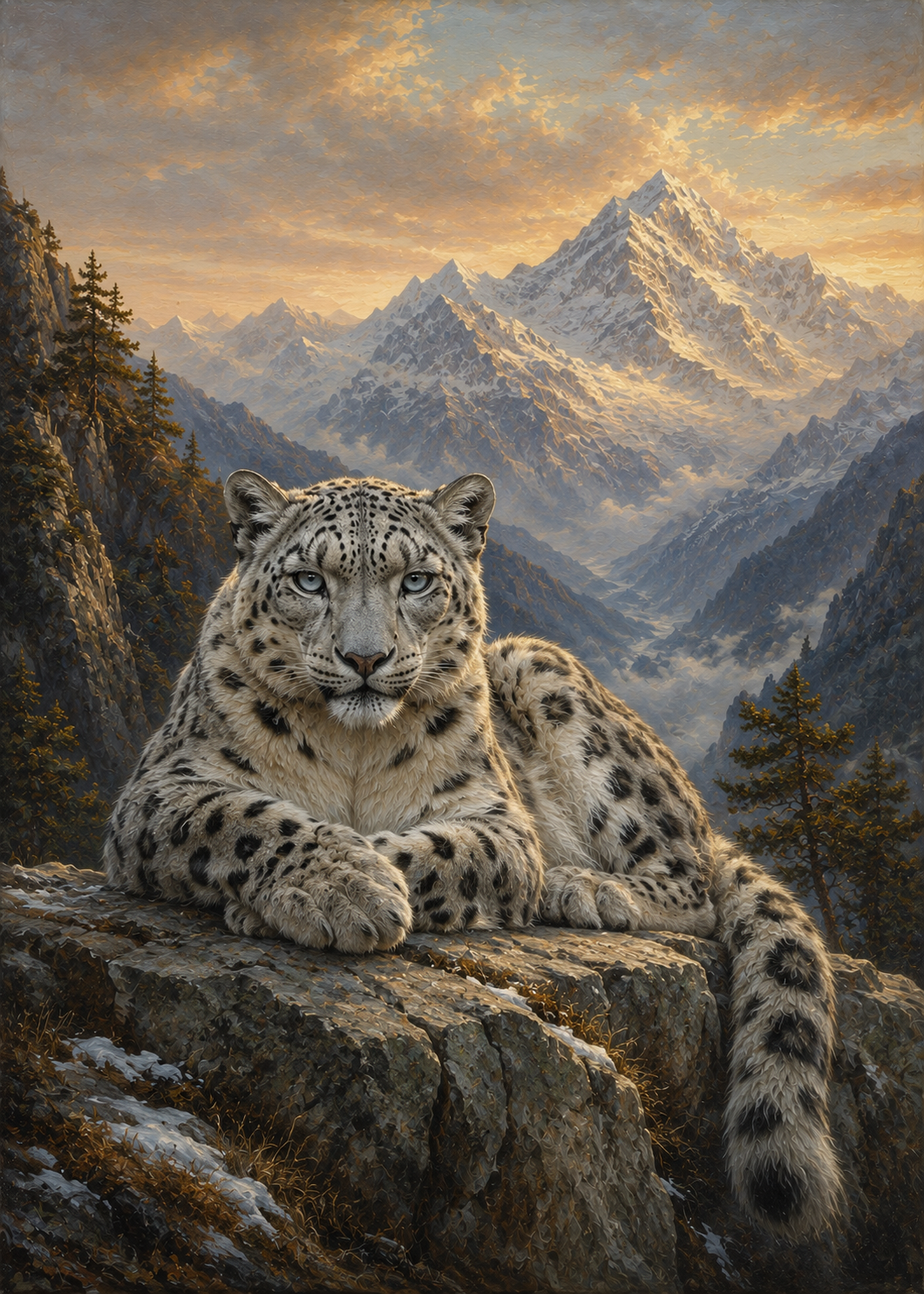 Snow leopard resting on a rocky ledge overlooking a peaceful mountain valley, printable wildlife wall art with natural scenery.