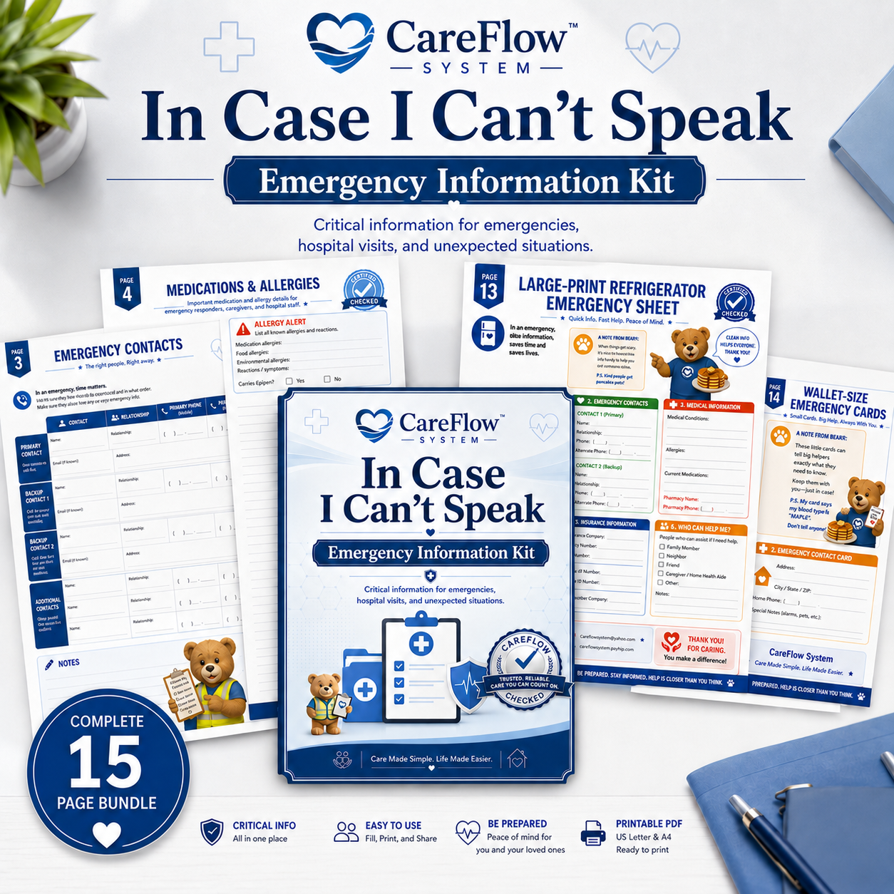 In Case I Can’t Speak Emergency Information Kit | Printable Medical Binder, Wallet Cards & Refrigerator Sheet