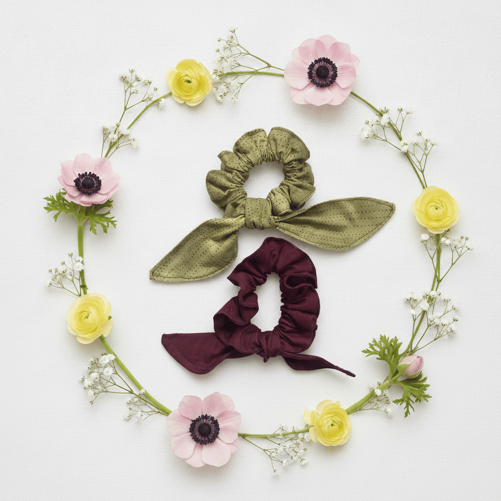 Handmade Fabric Scrunchies with Ties | Green & Burgundy