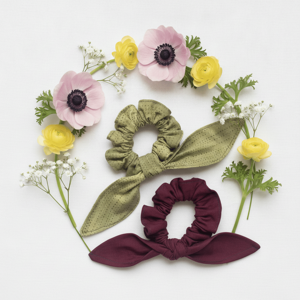 Handmade Fabric Scrunchies with Ties | Green & Burgundy