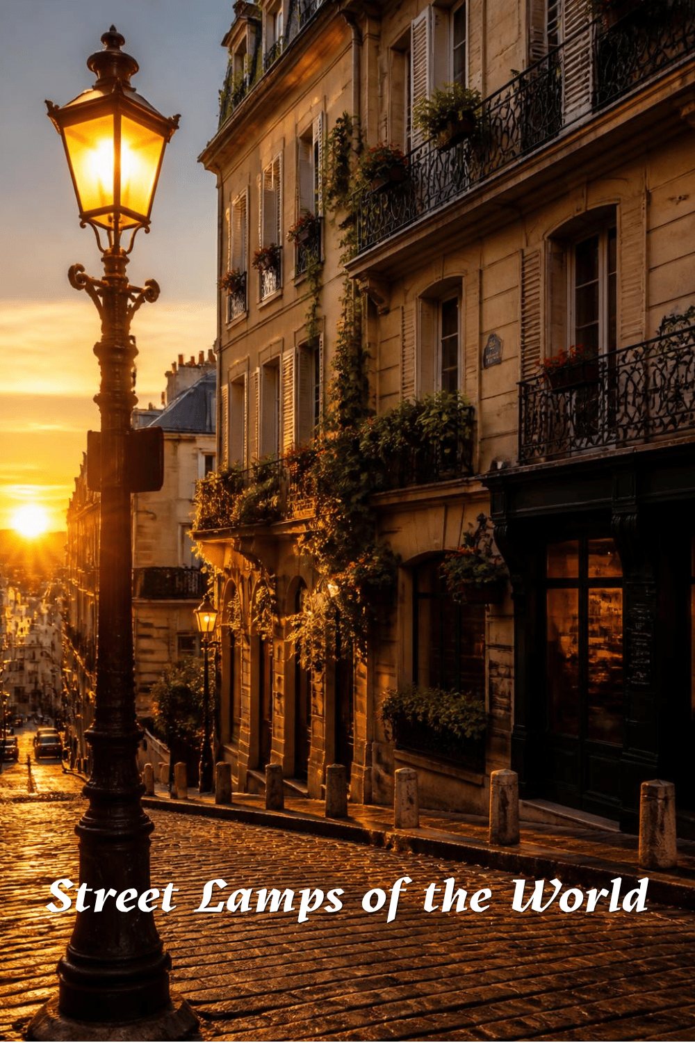 Cover image for "Street Lamps of the World: 14 Coloring Pages" digital coloring book — golden hour photo of an ornate Parisian cast-iron street lamp glowing on a cobblestone street lined with flower-covered balconies