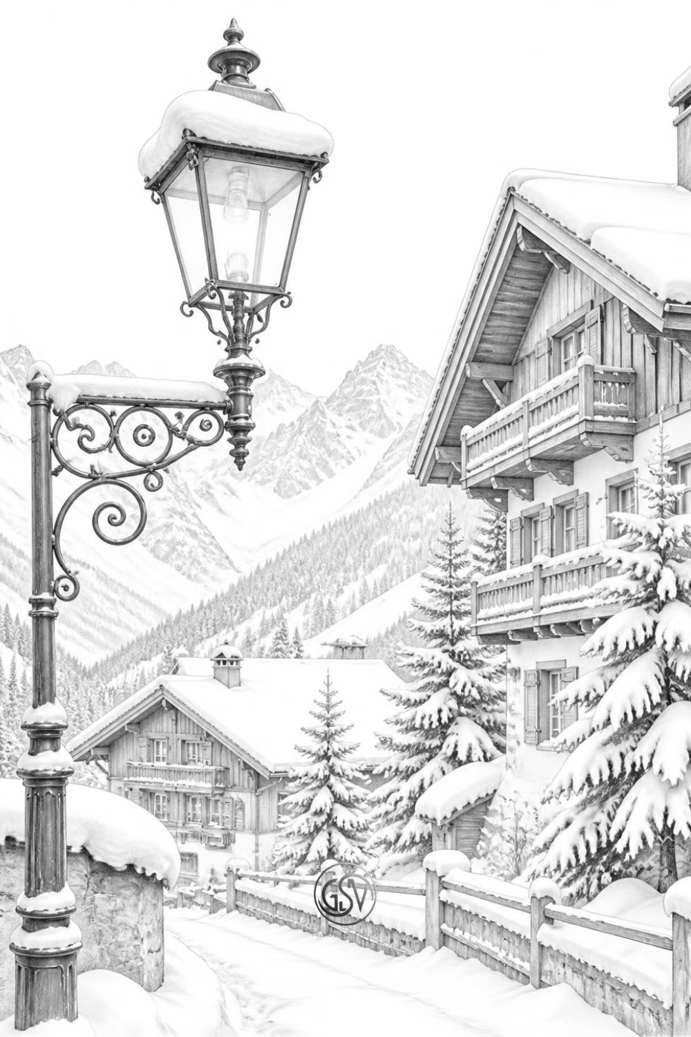 Grayscale coloring page: ornate wrought-iron street lamp dusted with snow in an Alpine mountain village, wooden chalets and snow-covered peaks in the background, detailed photorealistic illustration