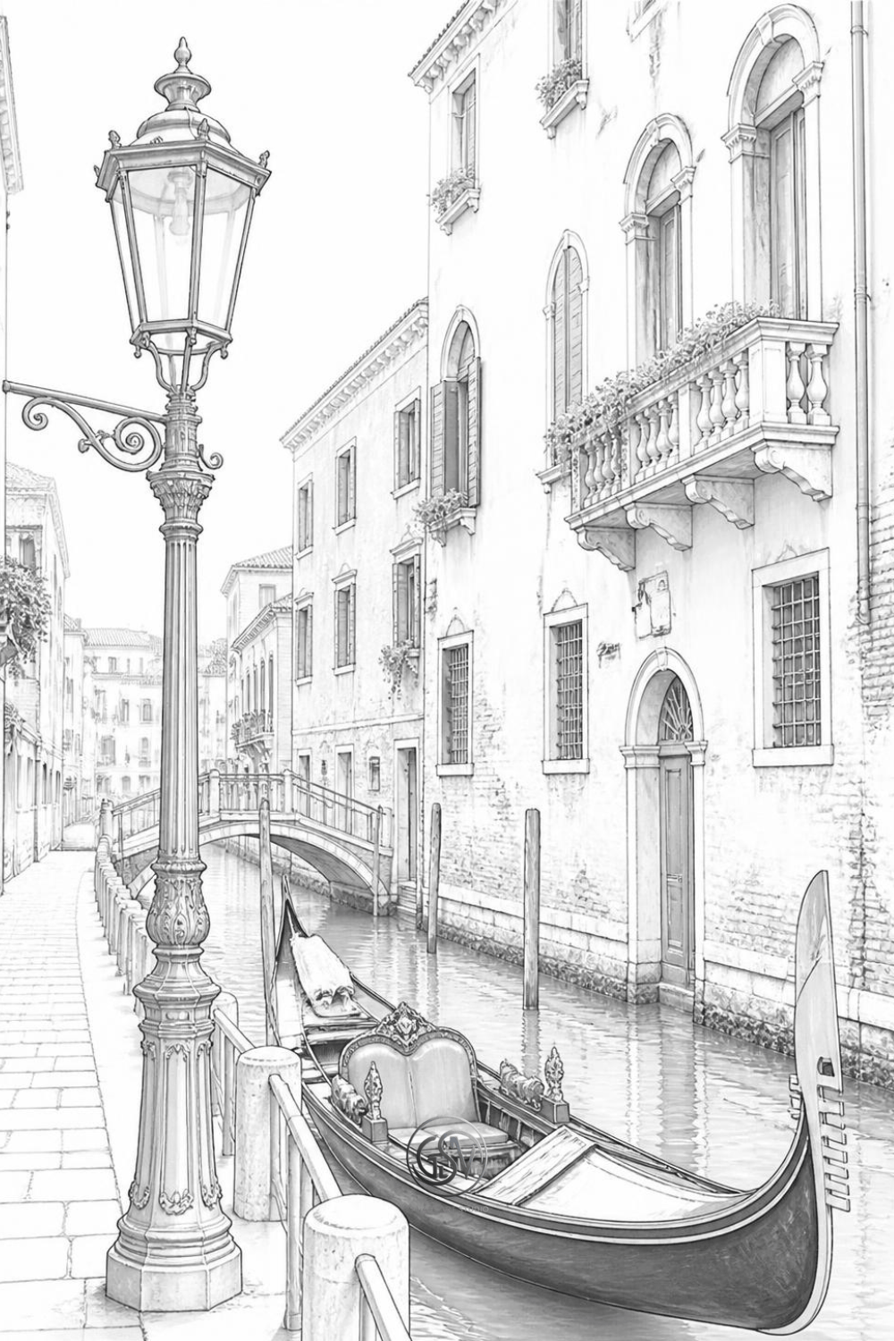 Grayscale coloring page: elegant lantern-style street lamp on a Venetian canal walkway, gondola moored beside old building facades and an arched bridge, detailed photorealistic illustration
