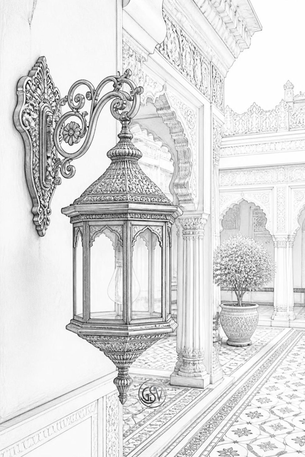 Grayscale coloring page: ornate brass wall lantern mounted in a carved sandstone haveli courtyard, intricately patterned arches and tiled flooring, detailed photorealistic illustration