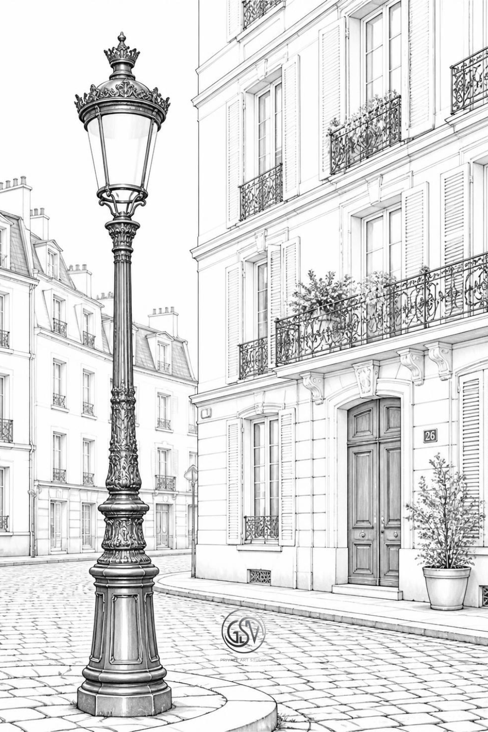 Grayscale coloring page: ornate cast-iron Parisian street lamp on a cobblestone street corner, elegant townhouse facade with wrought-iron balconies in the background, detailed photorealistic illustration