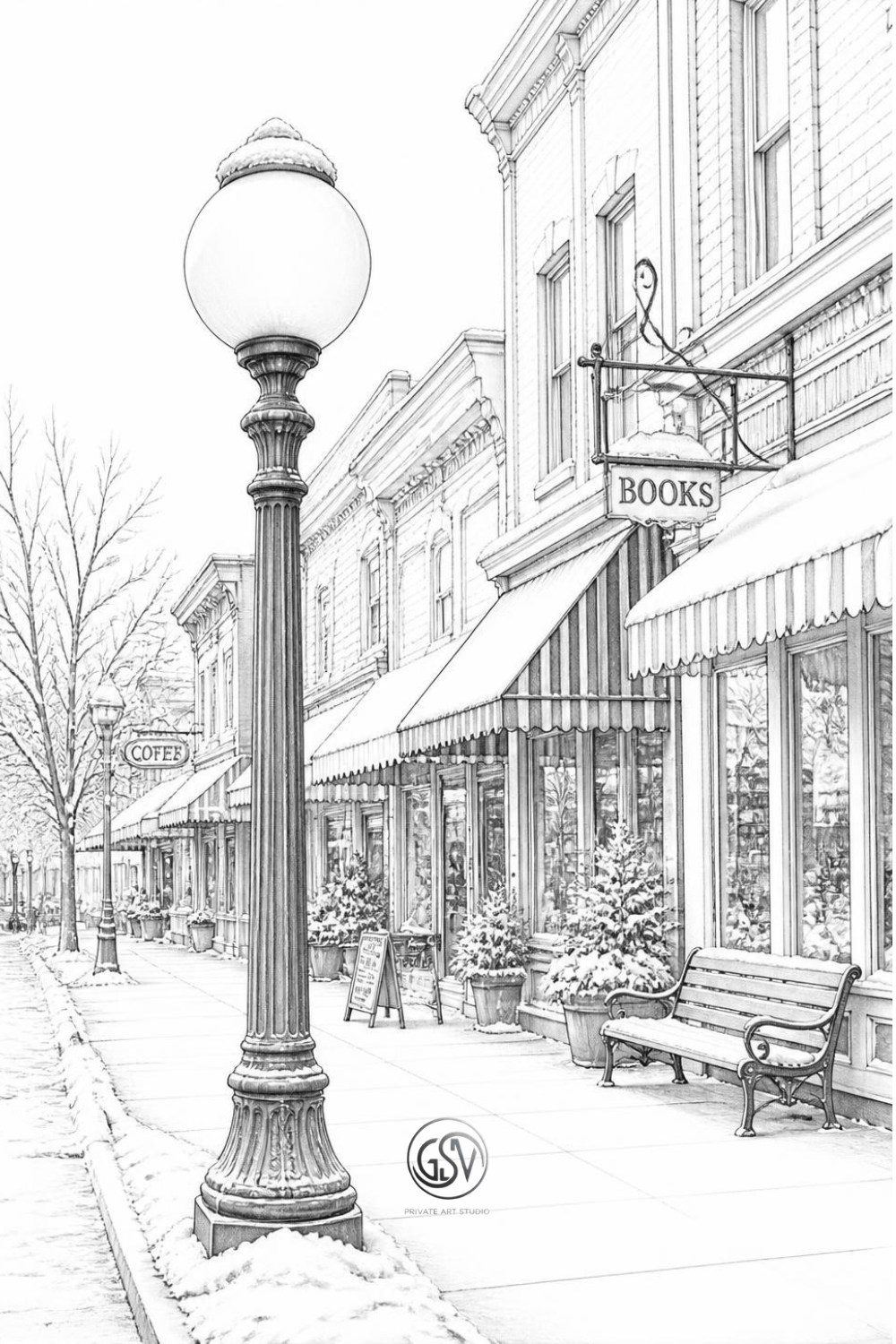 Grayscale coloring page: vintage globe-topped street lamp on a snow-dusted small-town Main Street, storefronts with striped awnings, a bookstore sign, and a park bench, detailed photorealistic illustration