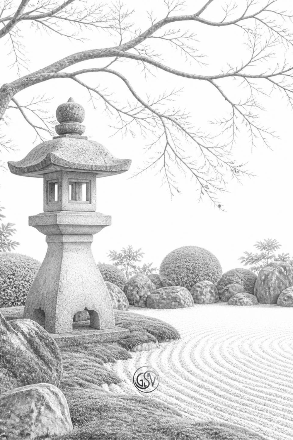 Grayscale coloring page: traditional Japanese stone lantern (toro) beside a raked gravel zen garden, bare tree branches overhead and rounded shrubs and stones nearby, detailed photorealistic illustration