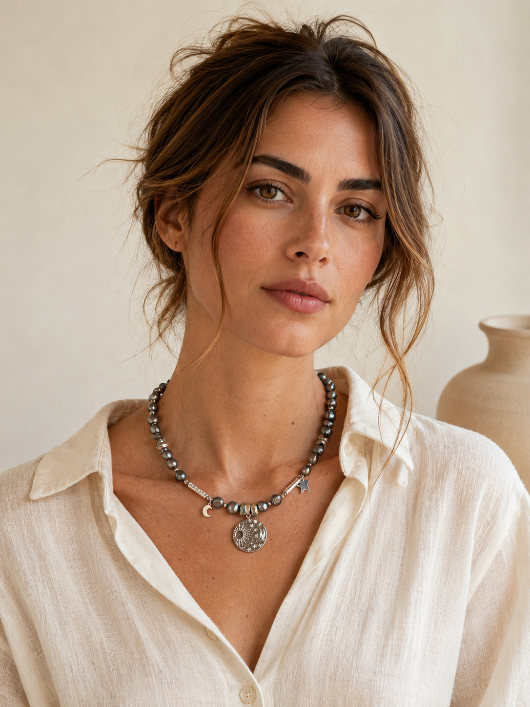 Modella che indossa collana con perle d’acqua dolce grigie.