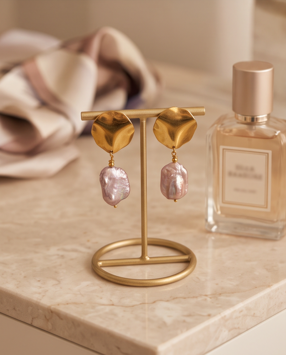 Orecchini con perle d’acqua dolce rosa in acciaio inox dorato su sfondo chiaro.