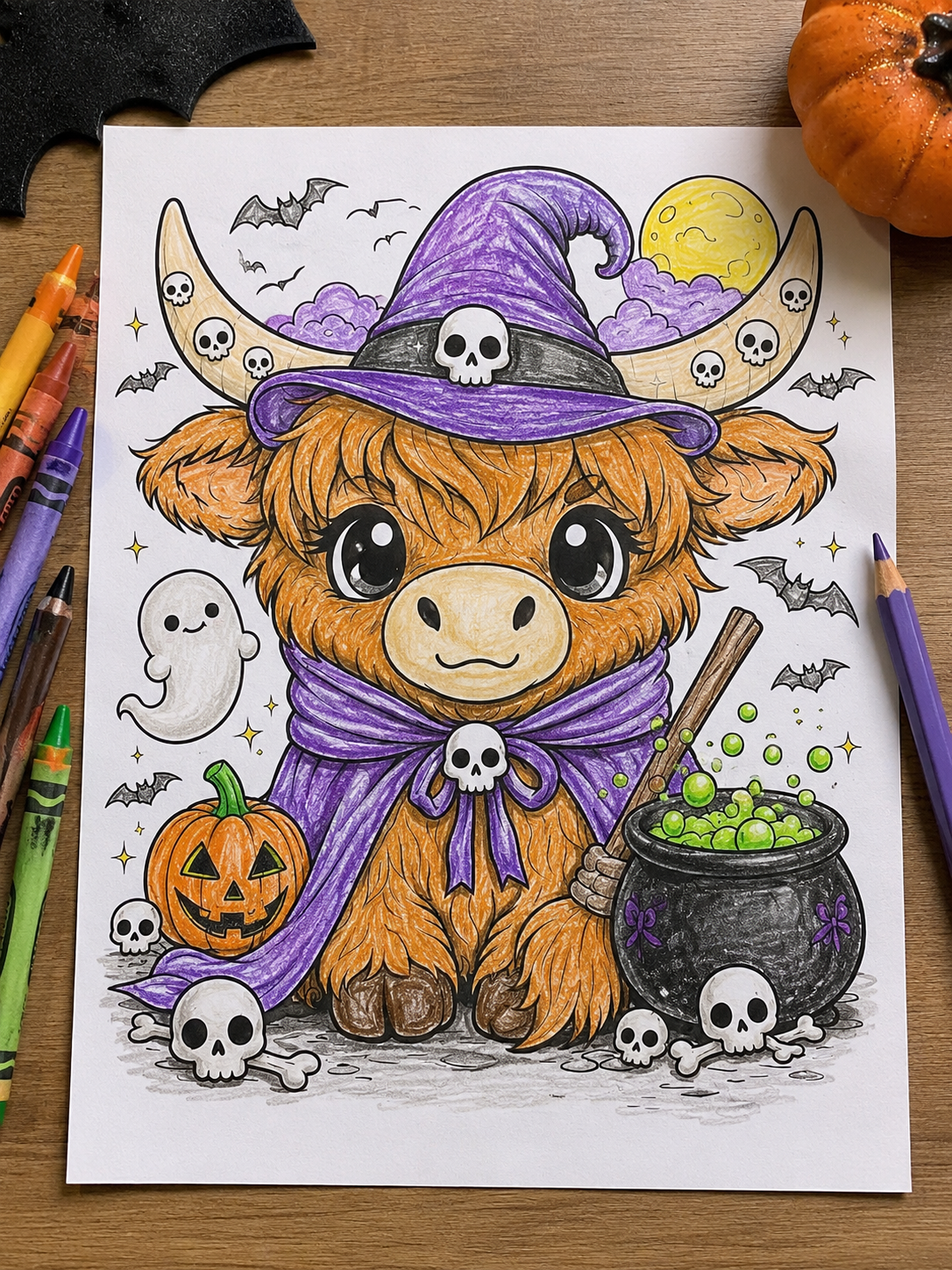 Lifestyle mockup of a colored printable Halloween Highland cow coloring page on a wooden table with colored pencils, crayons, pumpkins, and cozy fall decor.