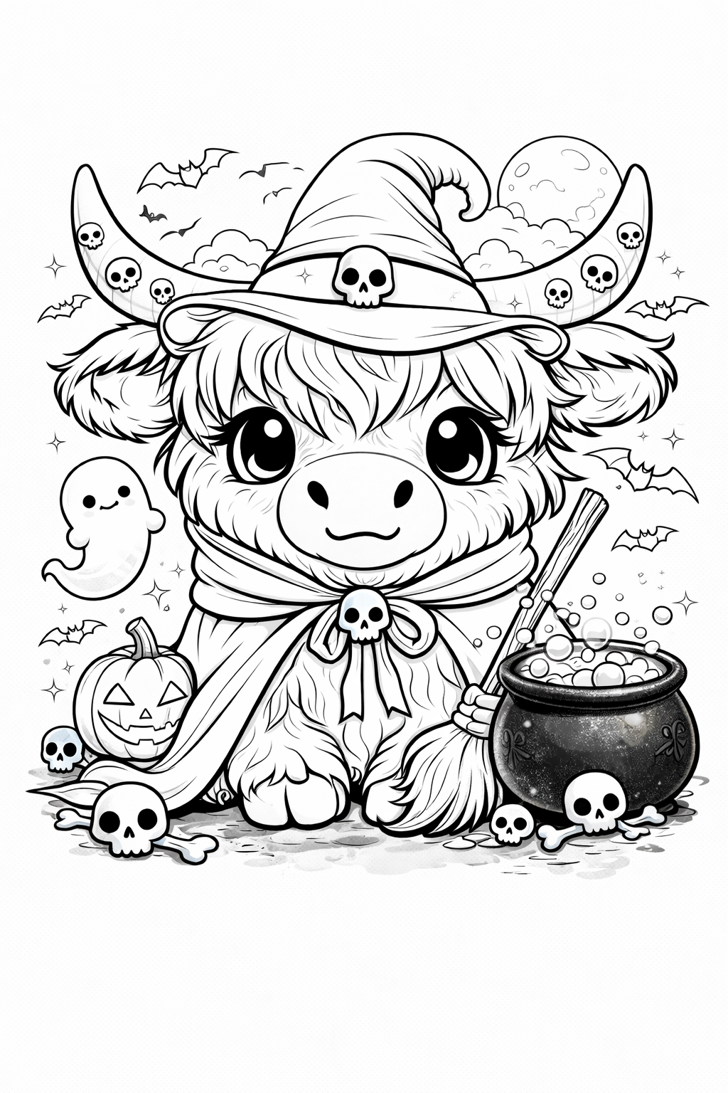 Halloween Highland cow coloring page featuring Bella Moo dressed as a cute witch with a bubbling cauldron, smiling ghost, bats, pumpkins, skulls, and spooky Halloween decorations in a printable PDF for kids and adults.