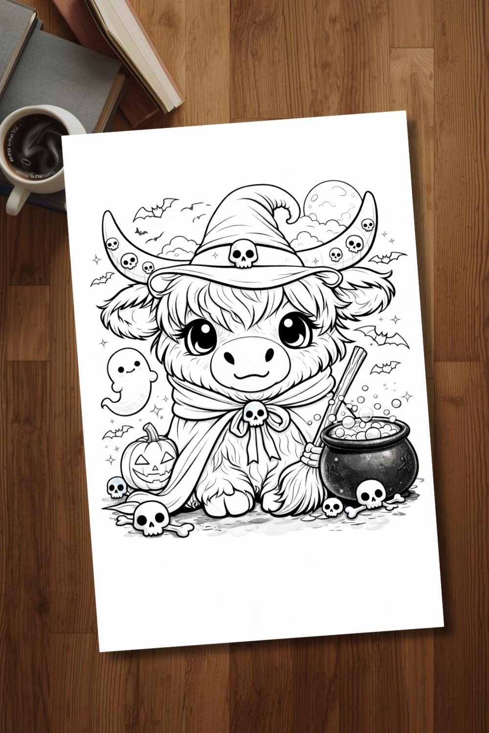Printable Halloween Highland cow coloring page featuring Bella Moo dressed as a cute witch with a bubbling cauldron, smiling ghost, bats, pumpkins, skulls, and spooky Halloween elements for kids and adults.