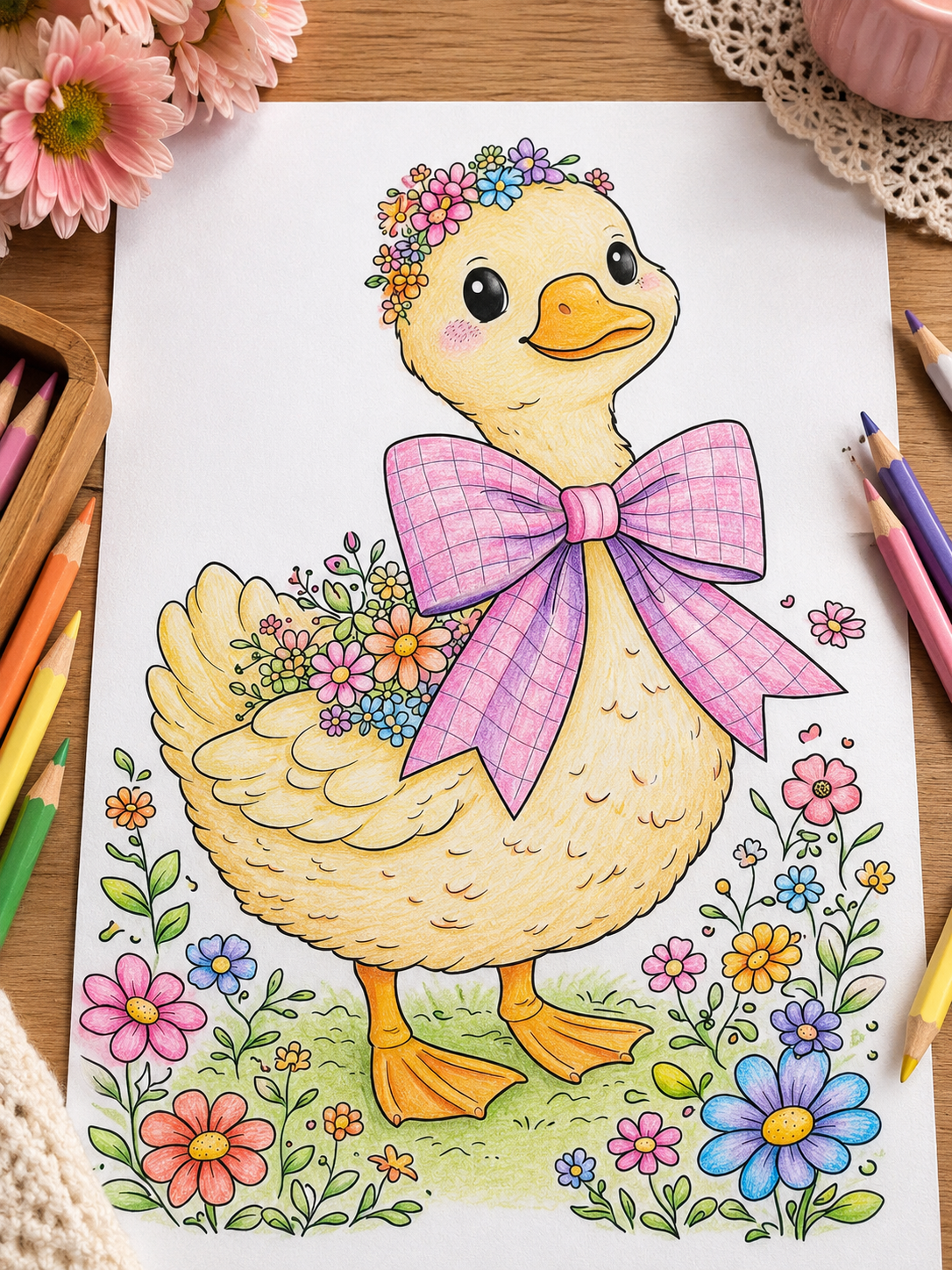 Lifestyle mockup of a hand-colored duckling coloring page on a cozy craft table with colored pencils, crayons, flowers, and spring-inspired decorations.