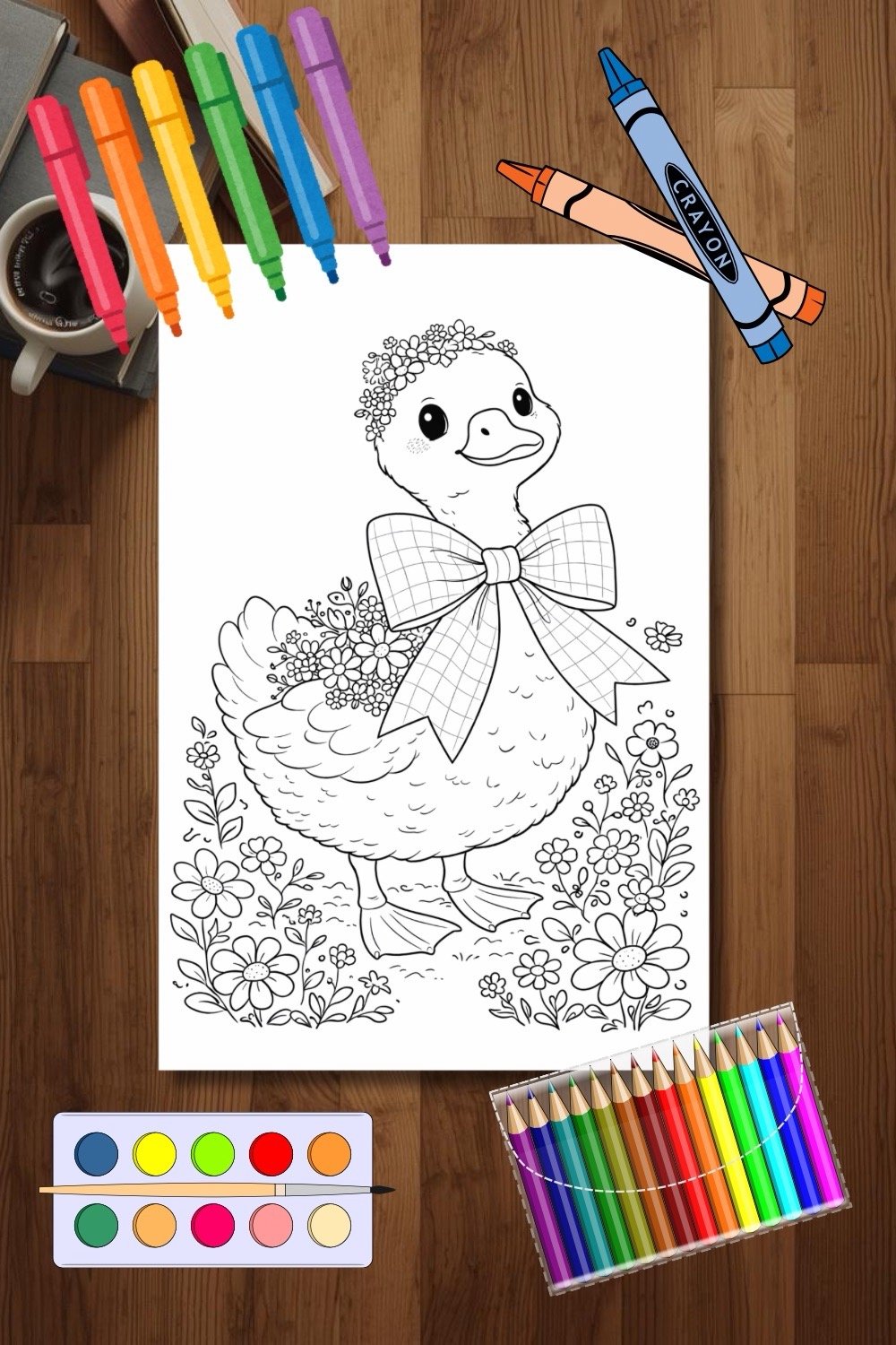 Colored duckling coloring page featuring a cute baby duck with a flower crown and large bow surrounded by blooming flowers, a whimsical printable coloring page design for kids and adults.