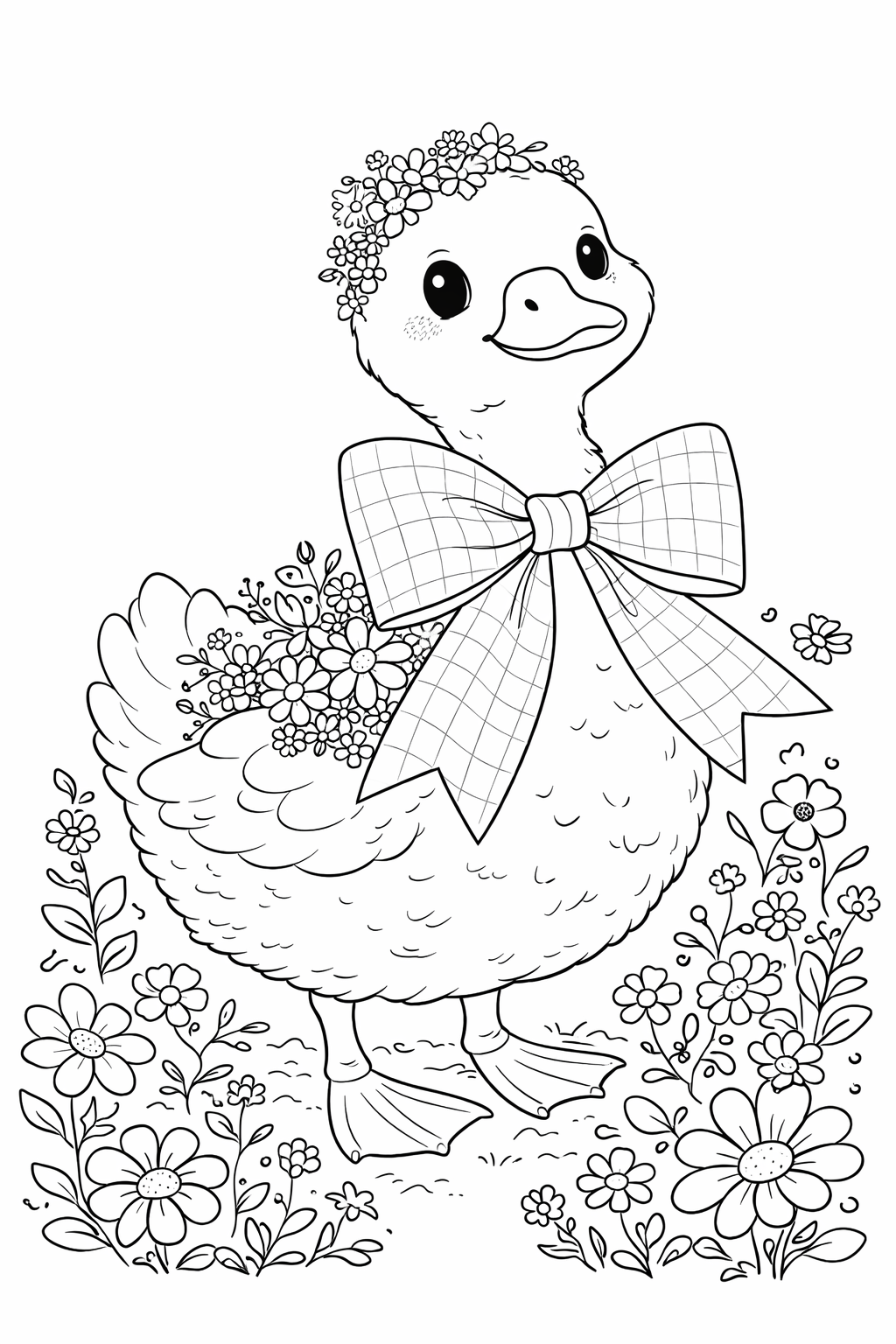 Colored duckling coloring page featuring a cute baby duck with a flower crown and large bow surrounded by blooming flowers, a whimsical printable coloring page design for kids and adults.
