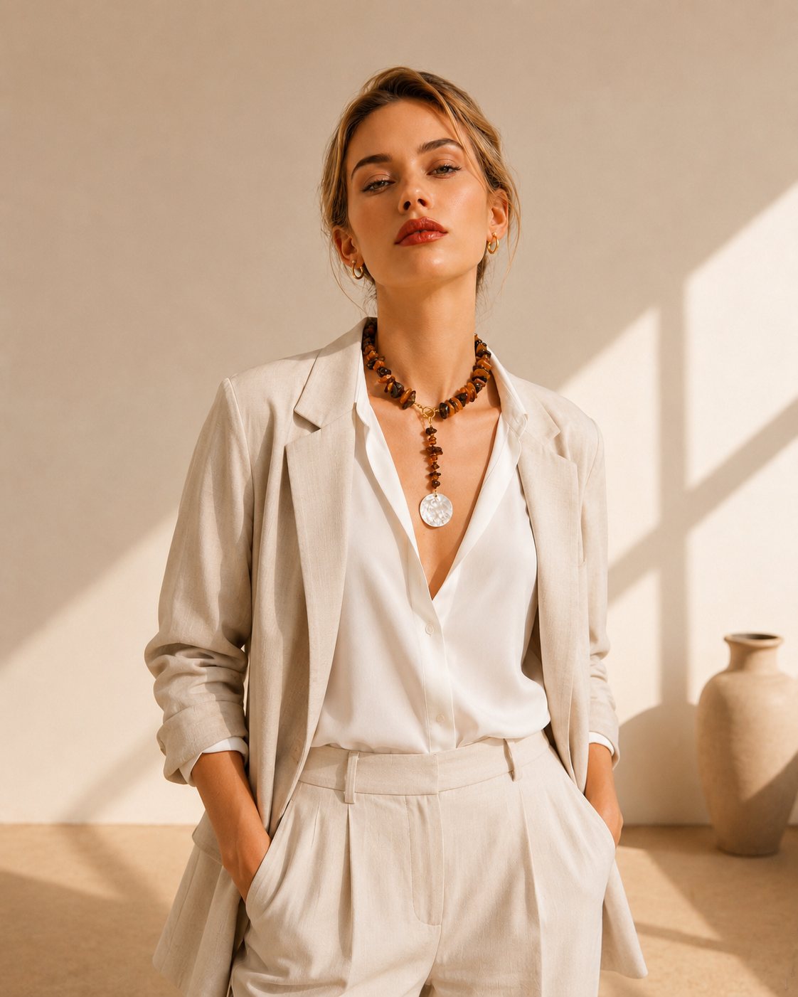 Modella con collana artigianale in ambra baltica naturale grezza e ciondolo in madreperla naturale, stile elegante Lumen Jewels
