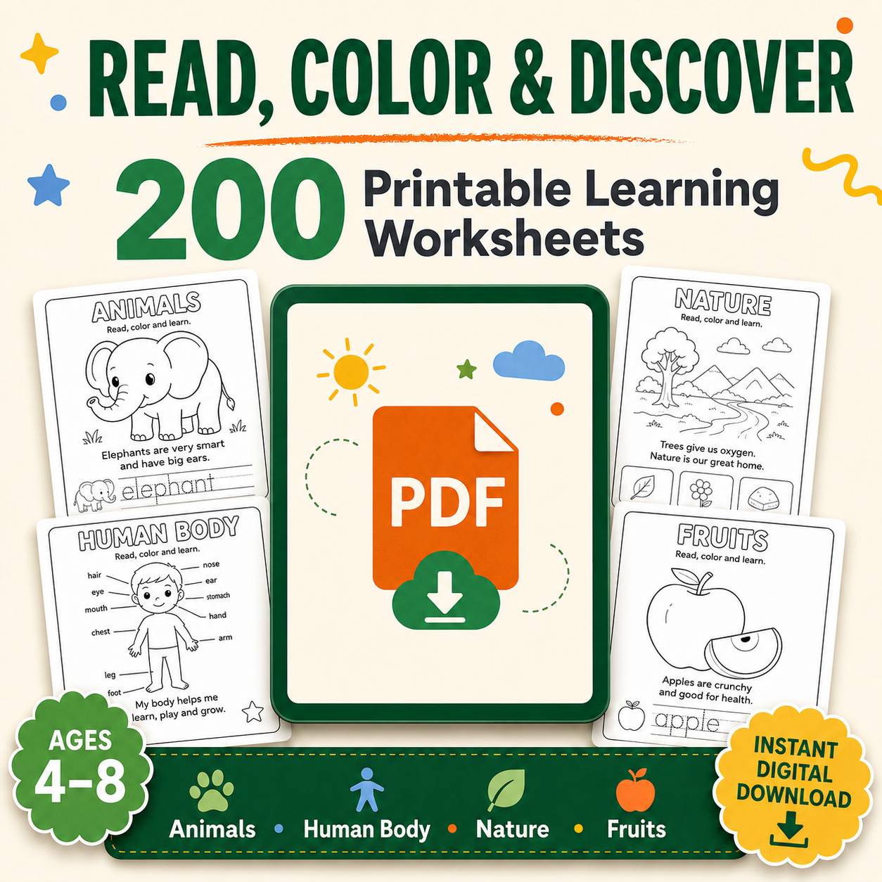 Read, Color & Discover – 200 Printable Learning Worksheets for Kids Ages 4–8