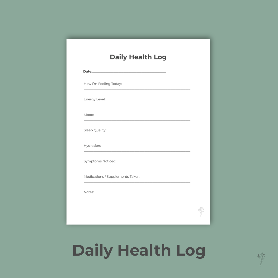 “Styled Daily Health Log printable with sage background and black borders.