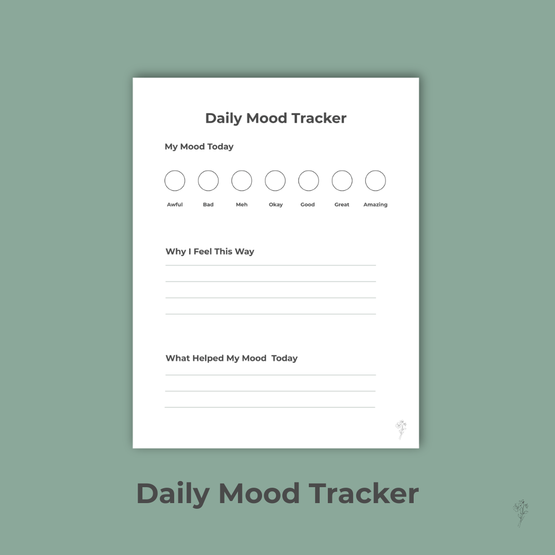 “Styled Daily Mood Tracker printable with sage background and black borders
