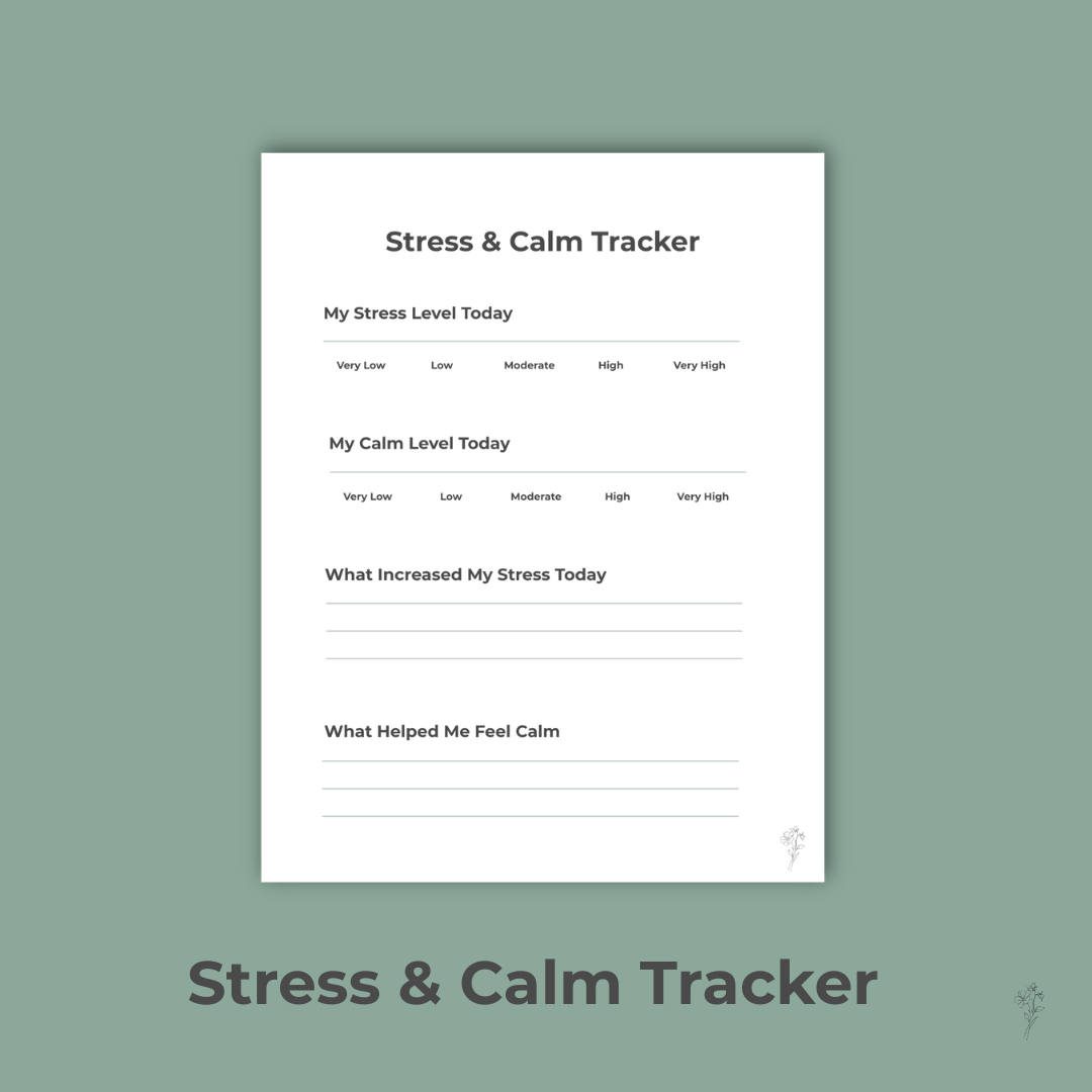 “Styled Stress & Calm Tracker printable with sage background and black borders.