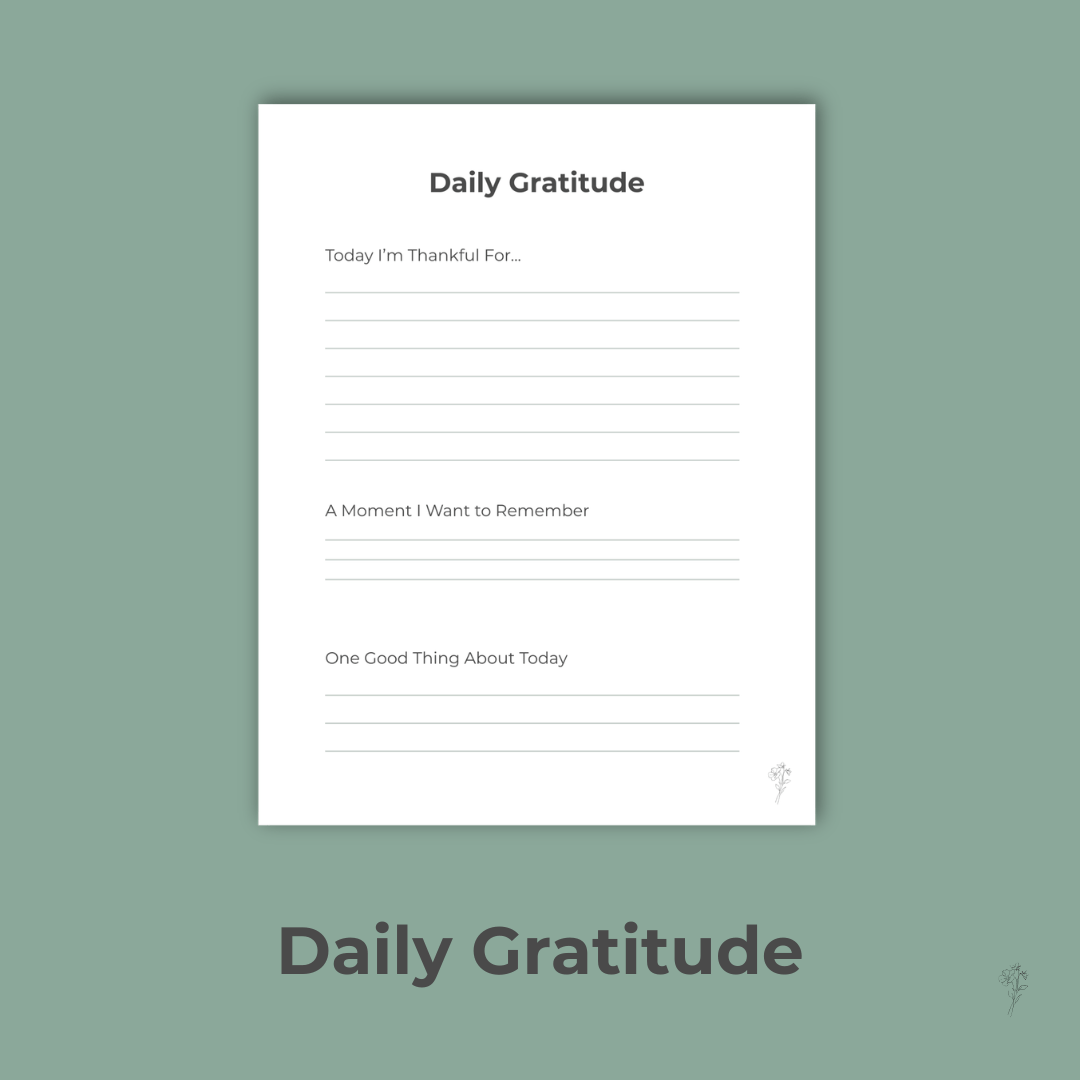 Styled Gratitude Page printable with sage background and black borders.