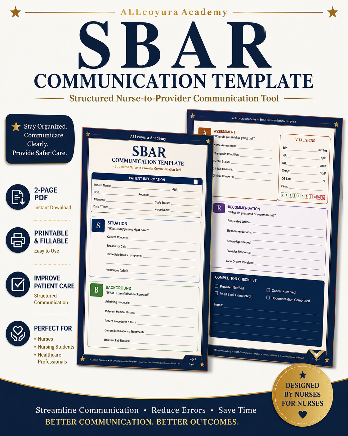 SBAR Communication Template for Nurses | Nurse-to-Provider Report Sheet | Printable Nursing Handoff Form | Clinical Communication Worksheet | PDF