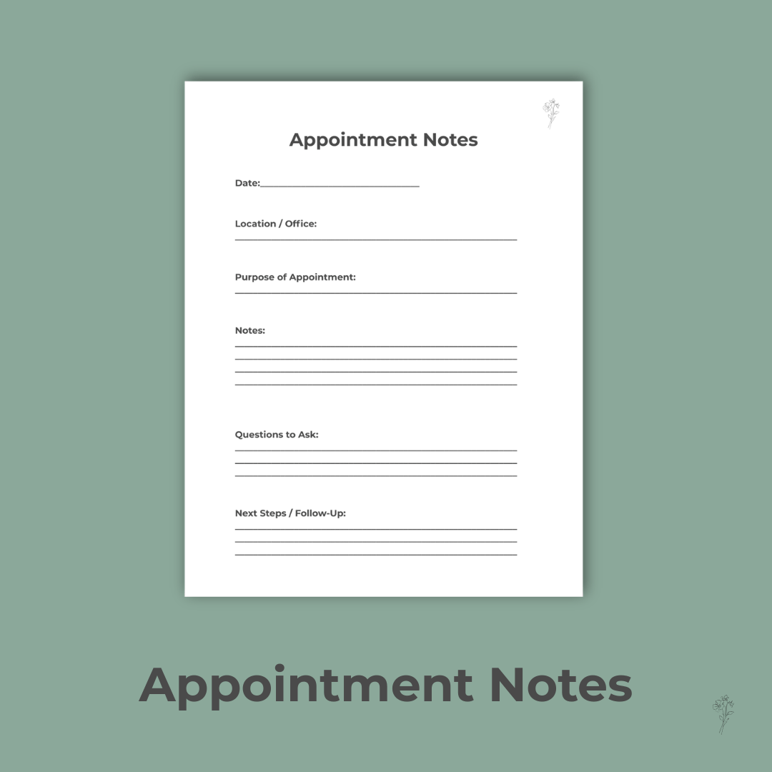 Styled Appointment Notes printable with sage background and black borders.