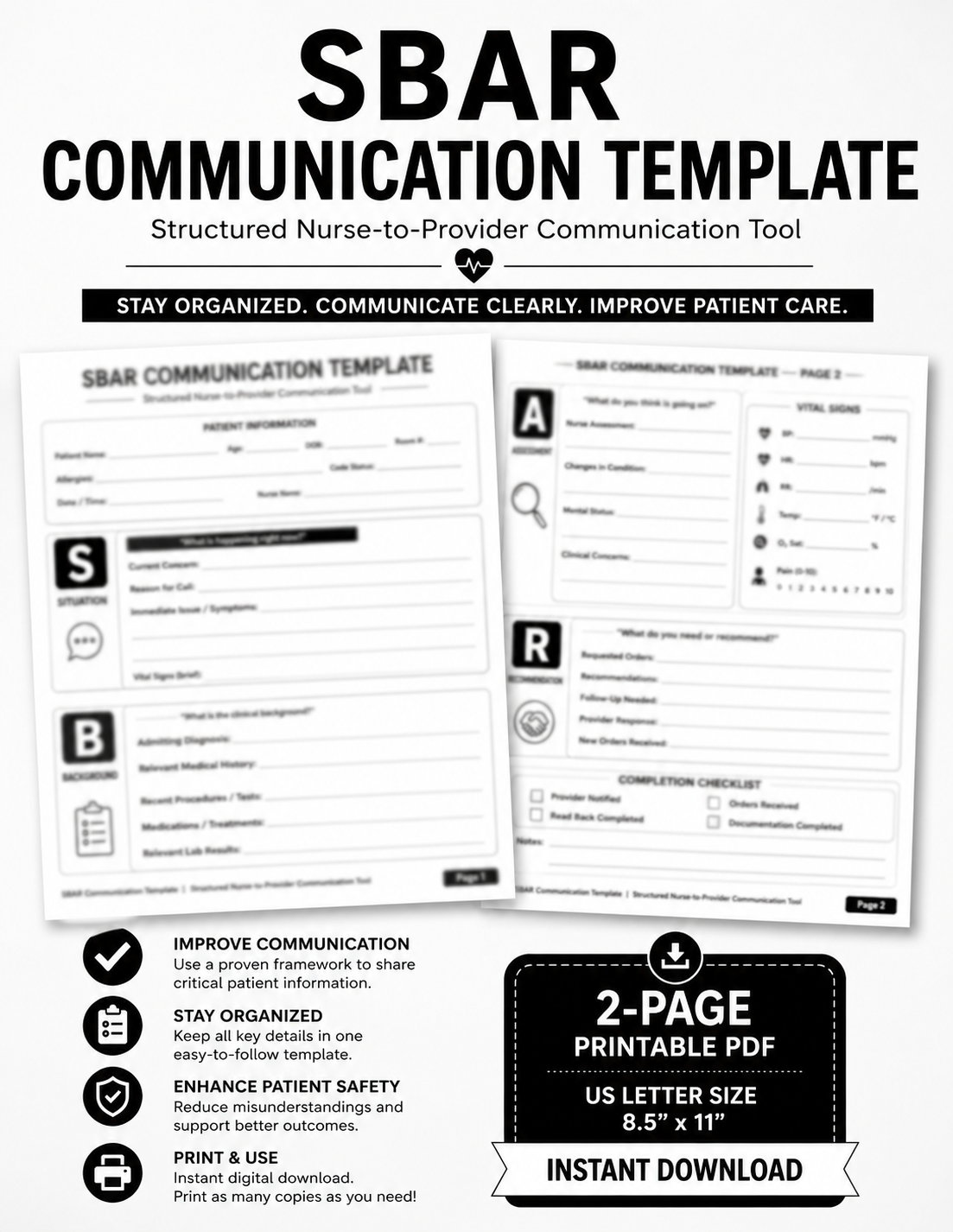 SBAR Communication Template for Nurses | Black and White Nurse-to-Provider Report Sheet | Printable Clinical Handoff Form | Nursing PDF