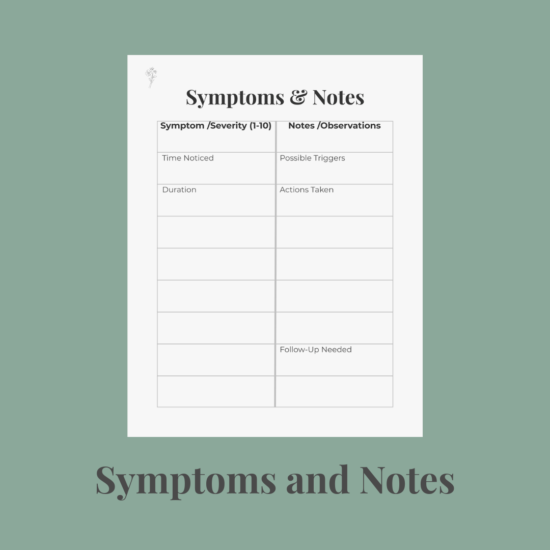 Symptoms and Notes printable with sage background and black borders.