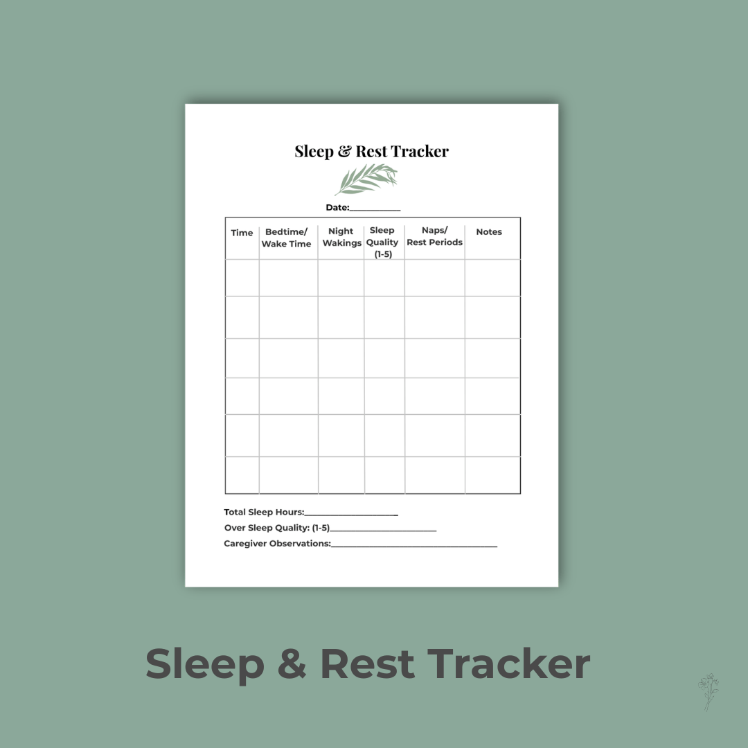 Sleep and Rest Tracker printable with sage background and black borders.