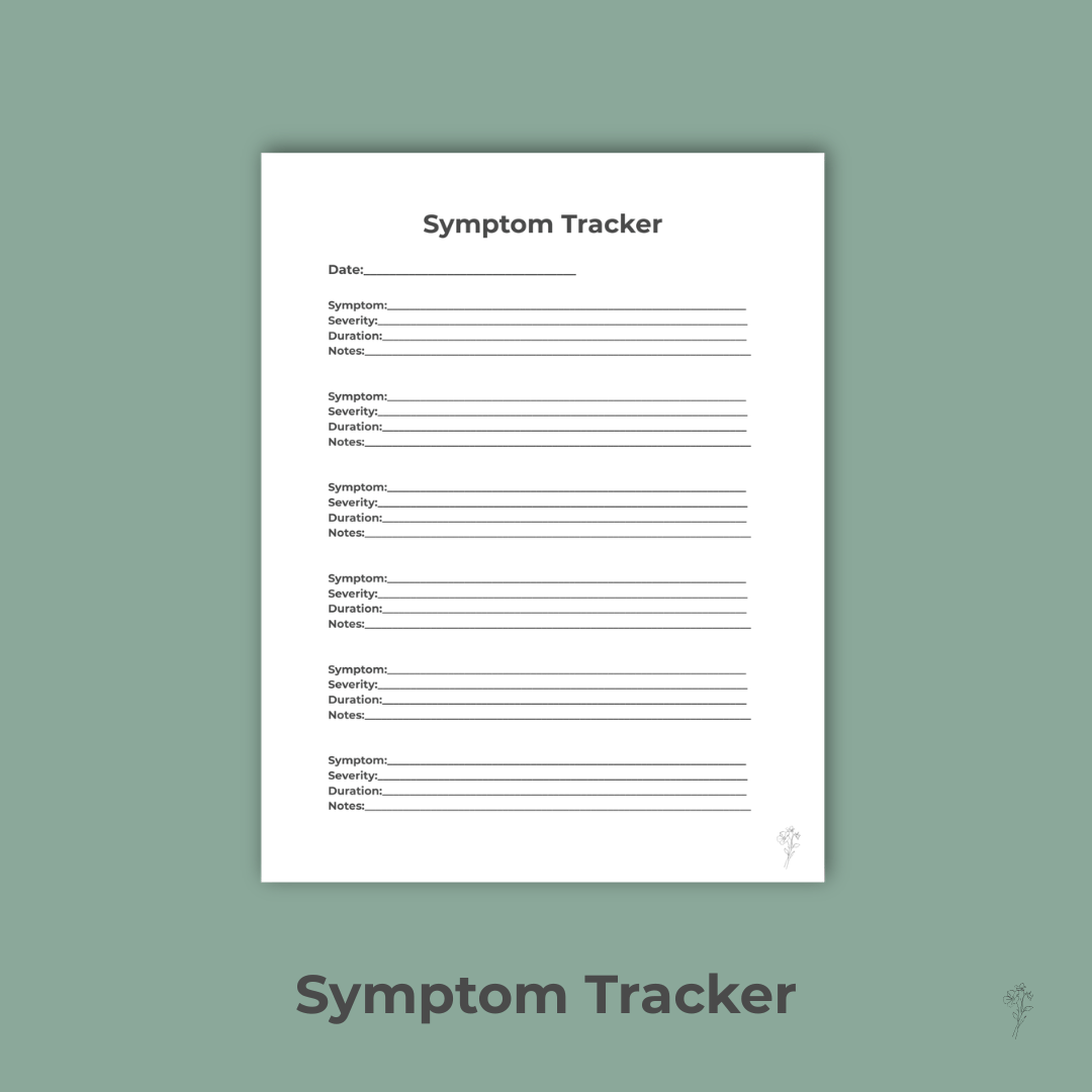 Symptom Tracker printable with sage background and black borders.