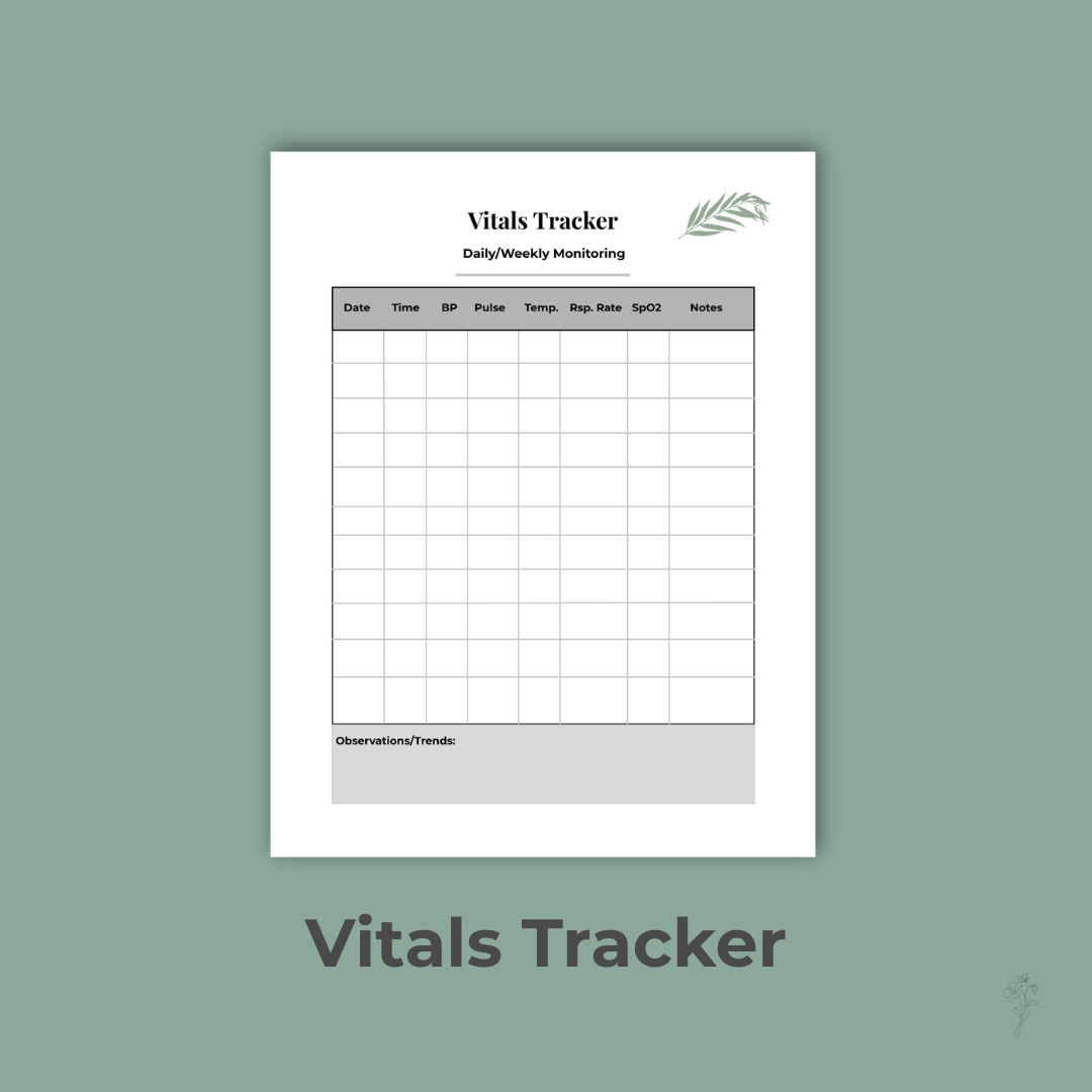 “Vitals Tracker printable with sage background and black borders.