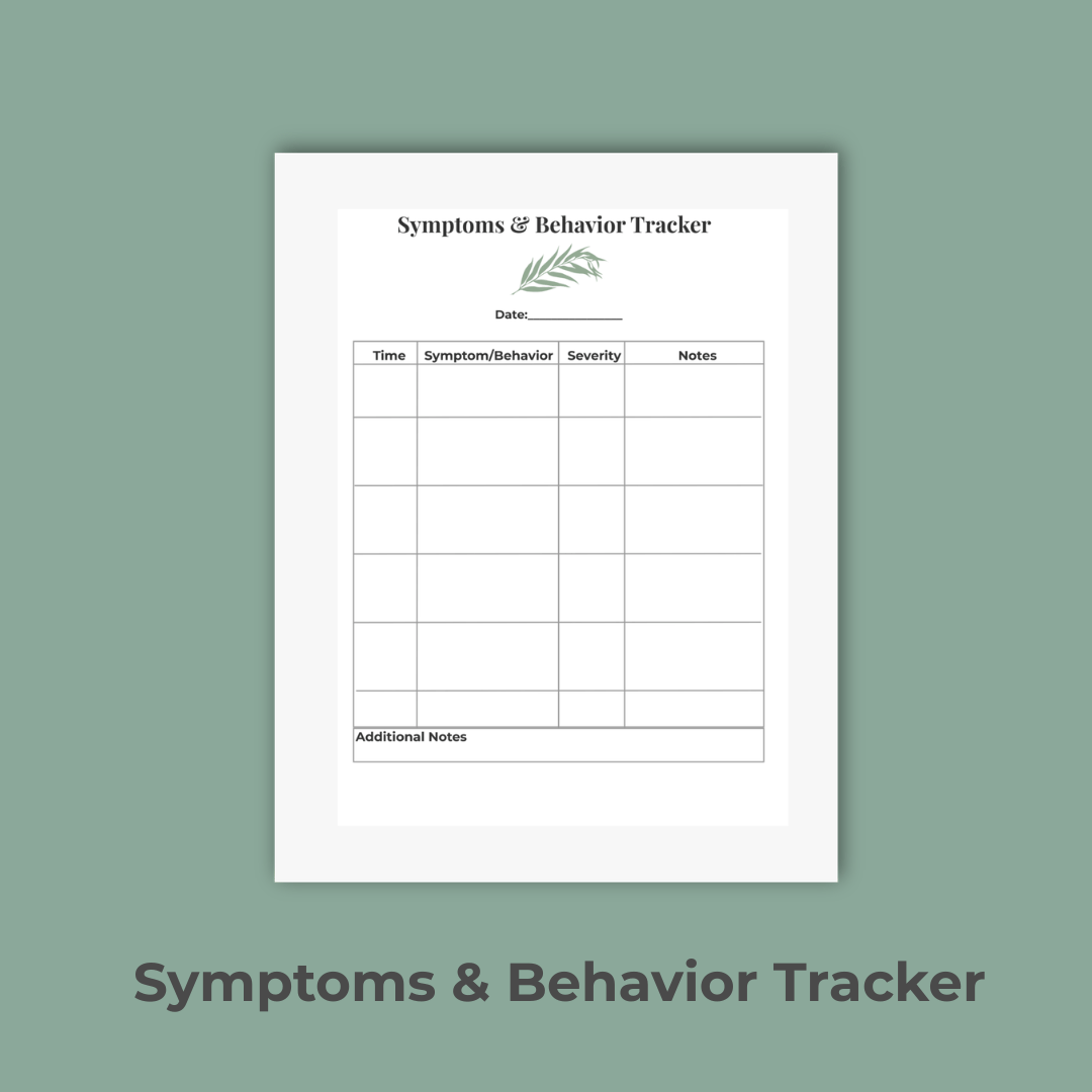 Symptoms and Behaviors Tracker printable with sage background and black borders.