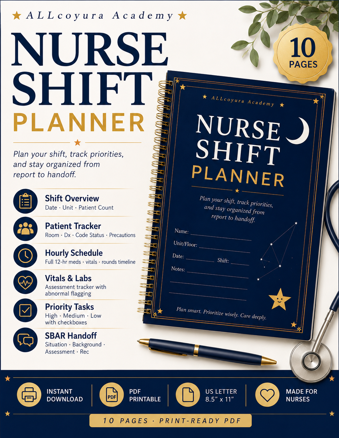 Nurse Shift Planner Printable | 10-Page Nursing Brain Sheet, Patient Tracker, Medication Log, SBAR Handoff & Shift Organizer