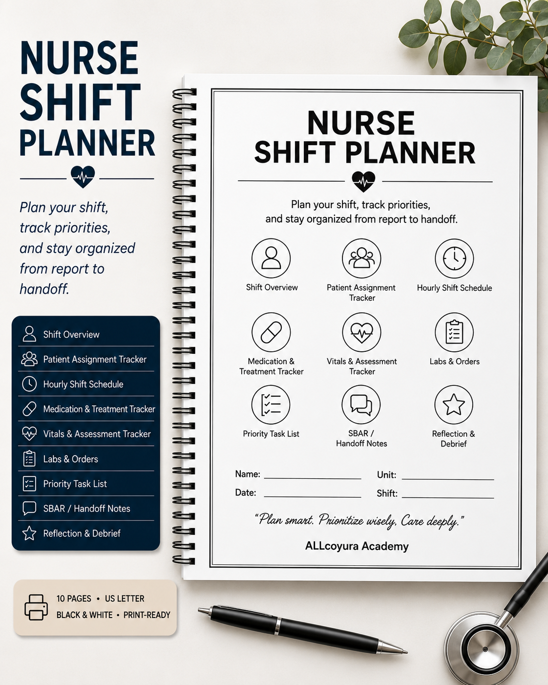 Nurse Shift Planner Printable | Black and White Nursing Brain Sheet, Patient Tracker, Medication Log, SBAR Handoff & Shift Organizer