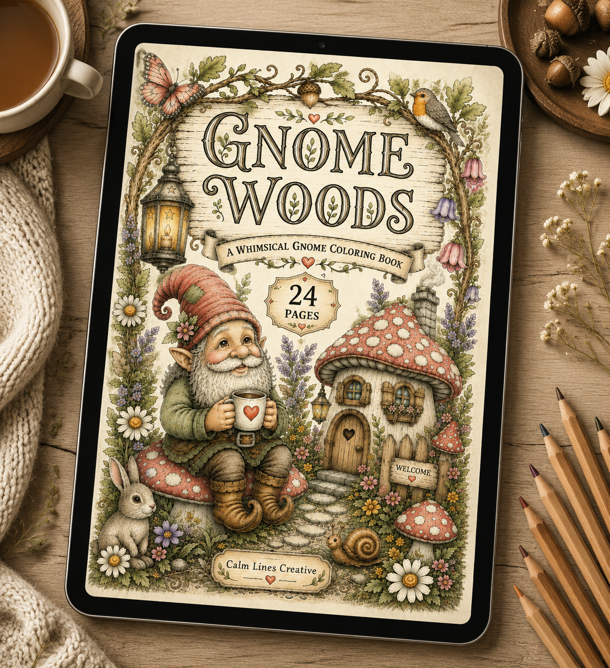 GNOME WOODS printable adult coloring book displayed on a tablet, featuring 24 whimsical gnome coloring pages with mushroom houses, woodland animals, and cozy fantasy artwork.