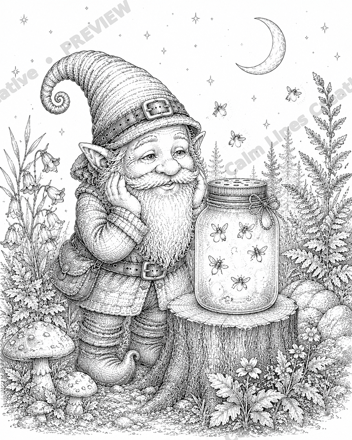 Detailed printable coloring page of a friendly woodland gnome holding a glowing lantern beside mushrooms and forest plants.